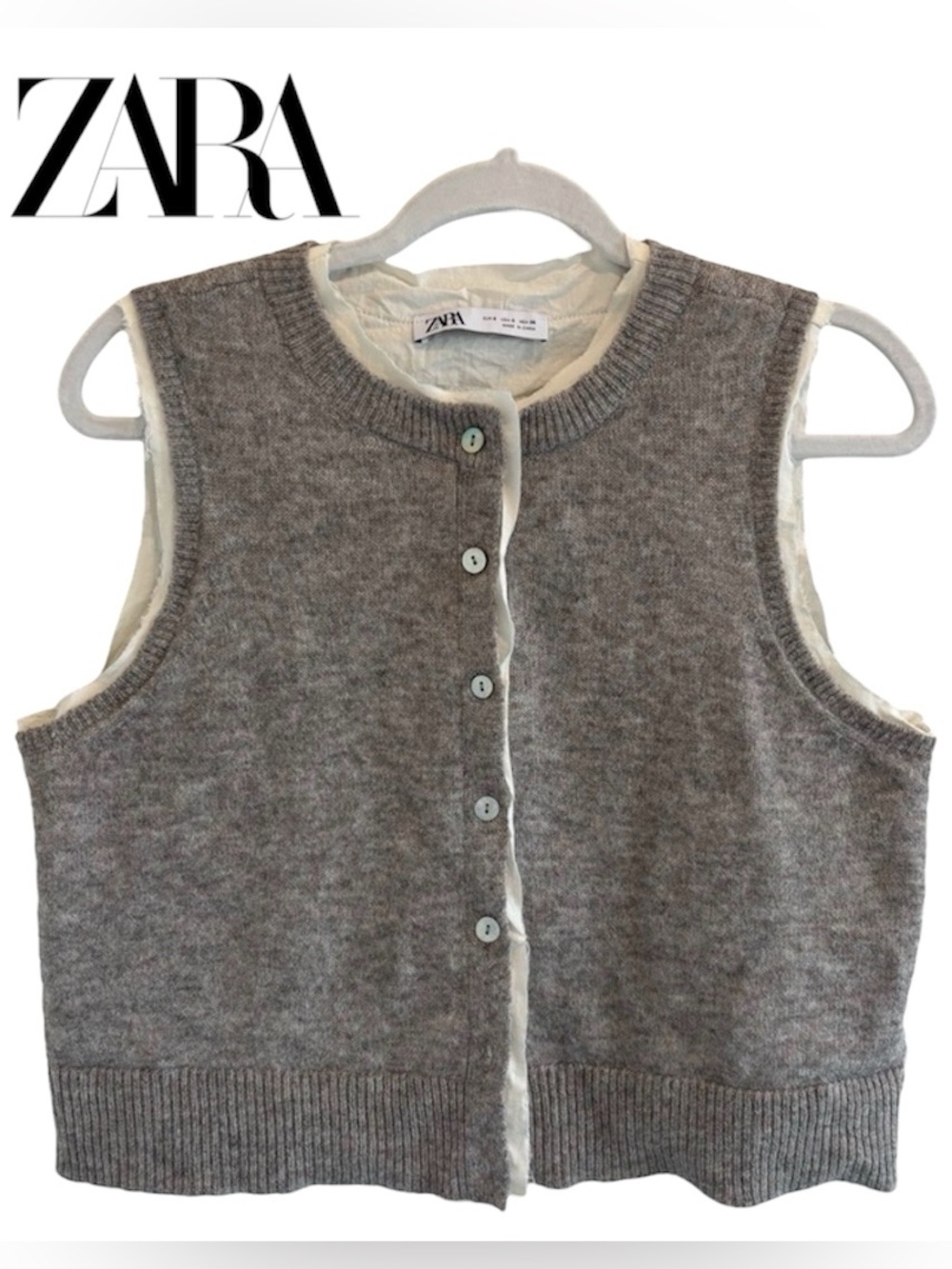 Zara Gray Knit Button-Front Vest with Cream Trim